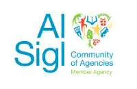 A blue and white logo of the community of agencies.