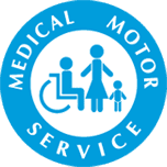 A blue circle with the words medical motor service in it.