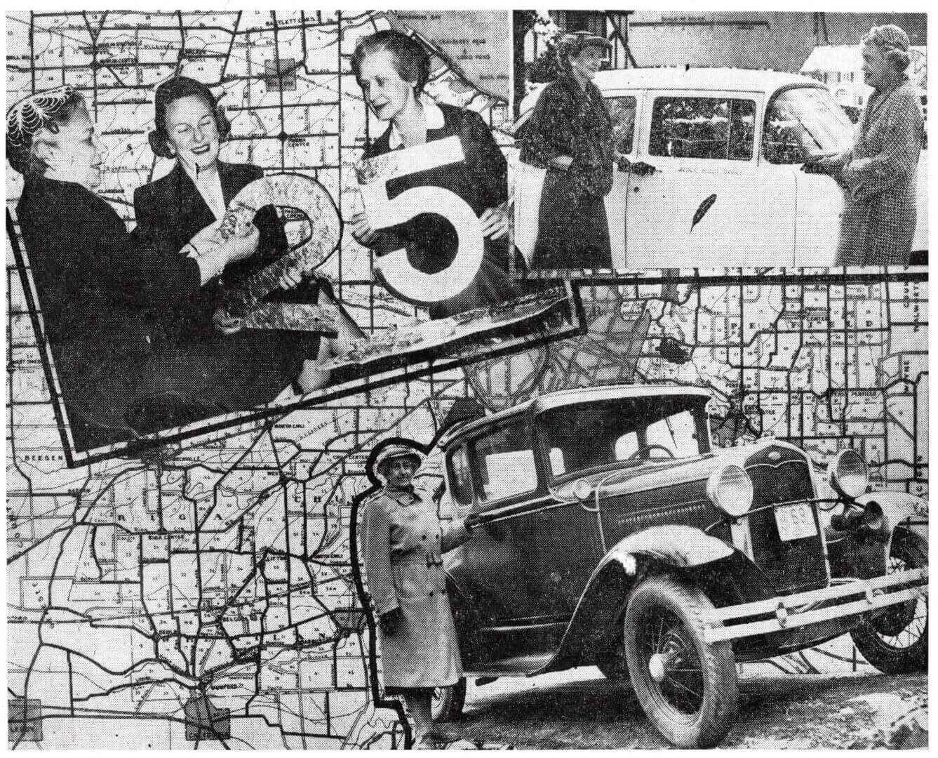 A collage of old photos with a car and woman