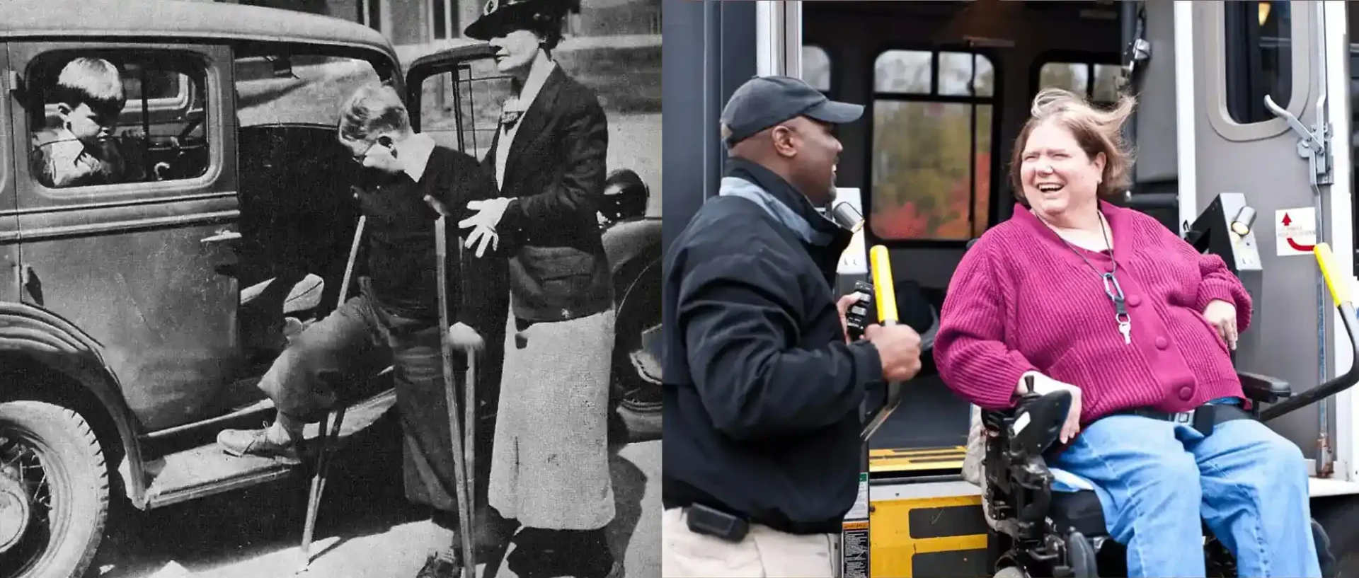 antique photo of woman helping boy on crutches inot car, and photo of attendant helping woman in wheelchair enter wheelchair van